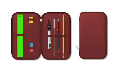 Top view of realistic opened and closed pencil case vector illustration school stationeryのイラスト素材