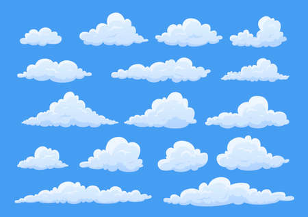Collection cartoon clouds vector illustration fluffy white cloud different shapes at clear blue skyのイラスト素材