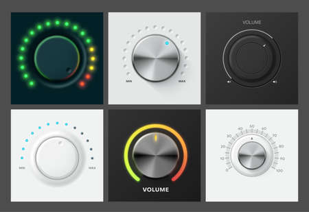 3d realistic black and white metallic volume control knob set vector neon indicator templateのイラスト素材