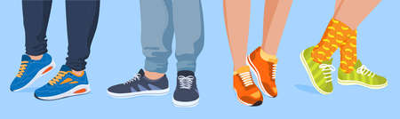 Collection human legs in sneakers vector flat illustration man and woman feet wearing sport footwearのイラスト素材