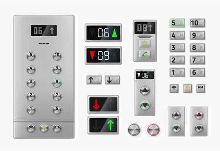 Collection realistic elevator buttons, control panel and display with numbers vector illustrationのイラスト素材
