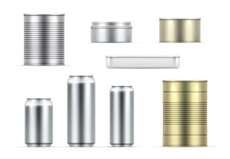 Collection realistic metal tin can vector illustration storage container for products conservationのイラスト素材