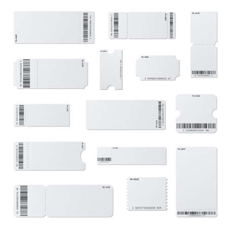 Ticket stubs empty with barcode realistic templates set. Blanks for tear-off coupons. Season pass.のイラスト素材
