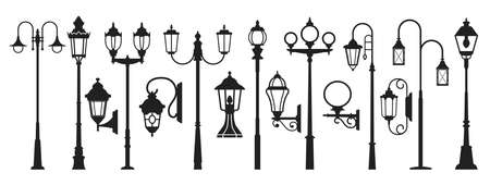 Street lamp black silhouette, post lights outdoor silhouette setのイラスト素材