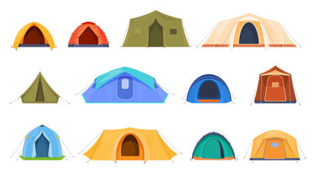 Cartoon camping tent set vector flat illustration. Hiking triangle and dome tourist camp tentsのイラスト素材