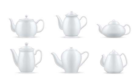 Clean ceramic teapot set vector realistic illustration hot drink tea ceremony porcelain tablewareのイラスト素材