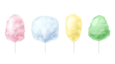 Bright cotton candy on wooden sticks set realistic vector illustration tasty delicious confectioneryのイラスト素材