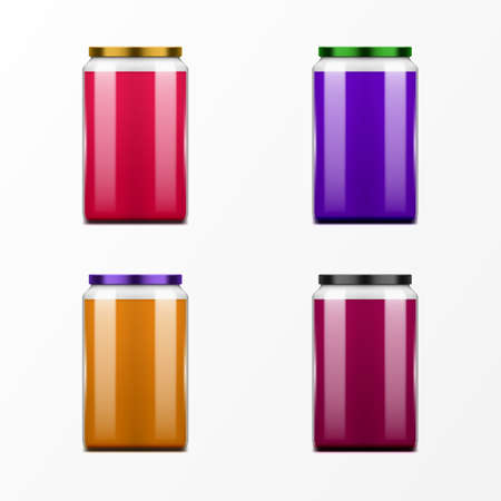 Realistic multicolored jars with homemade jam collection vector illustration sweet handmade dessertのイラスト素材