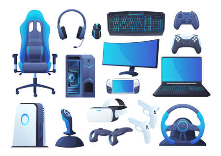 Gaming accessories set vector flat illustration. Modern IT professional gamer headset, mic, chairのイラスト素材