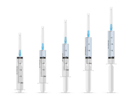 Filling injection syringe collection realistic vector set medical syringes empty and filledのイラスト素材
