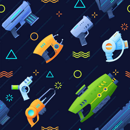 Futuristic multicolored weapon seamless pattern vector illustration. Guns, handguns childish toyのイラスト素材