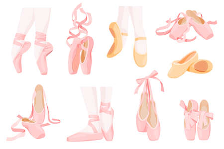 Collection elegant feminine ballet flats with ribbons vector flat illustration. Set of traditional ballerina shoes for art dancing isolated. Pink and beige ballet dance costume gymnastic performanceのイラスト素材