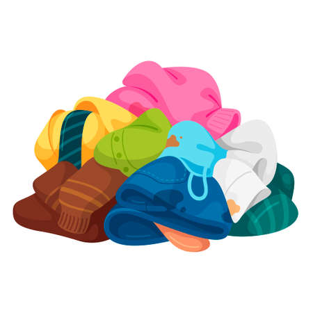 Pile of dirty laundry vector flat illustration. Heap of many messy clothing with spots isolatedのイラスト素材