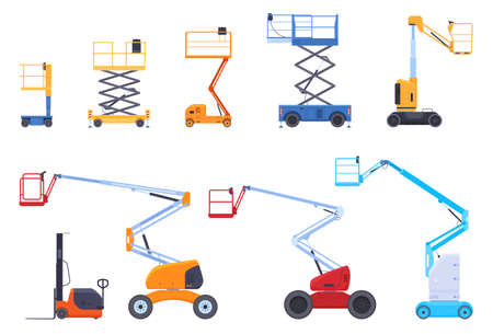 Various industrial mechanical lifts scissors lift platform basket collection vector illustrationのイラスト素材