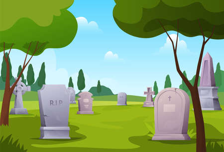 Old cemetery landscape at summer sunny day vector flat illustration gravestones memorials with RIPのイラスト素材