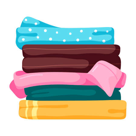 Stack of clean multicolored laundry vector flat illustration. Pile clothes neat folded after washingのイラスト素材