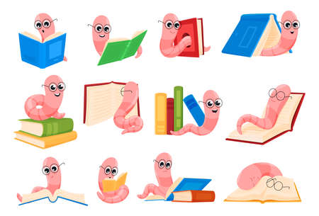 Collection cute cartoon bookworms vector flat illustration funny worms in glasses reading booksのイラスト素材