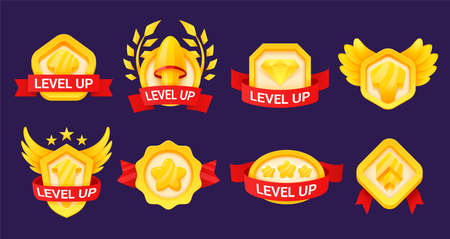 Collection level up golden icon isometric vector illustration. Set of medal label achievement designのイラスト素材
