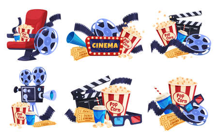 Cartoon film industry set vector flat movie theater elements collection popcorn, armchair, cameraのイラスト素材