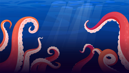 Tentacles squid or kraken deep underwater in blue sea vector flat evil dive fantasy creepy monsterのイラスト素材