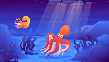 Octopus ocean floor vector flat floating sea habitat underwater wildlife with blue water cliffsのイラスト素材