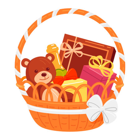 Gift straw basket with bear toy champagne and candy sweet delicious isometric vectorのイラスト素材