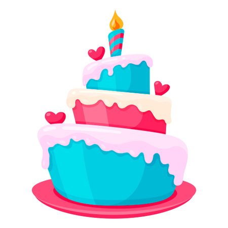 Holiday cake with burning candle and melting icing layer with romantic heart vector flatのイラスト素材