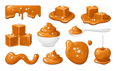 Salted caramel melting toffee sweet treat set isometric vector illustration. Liquid milk chewy candyのイラスト素材