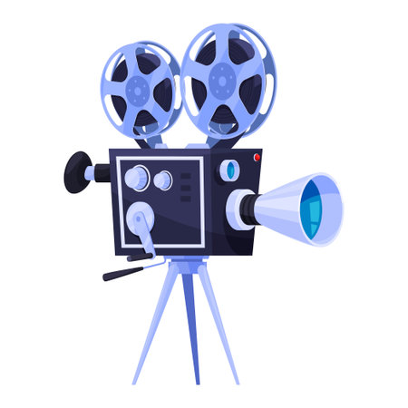 Vintage movie camera with filmstrip and lens on tripod isometric vector retro cinema productionのイラスト素材