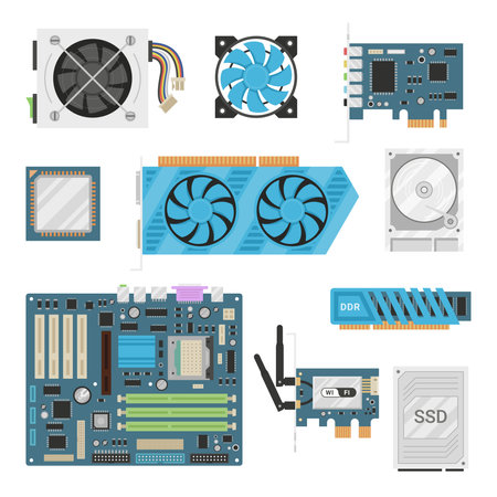 Computer components hardware set vector flat illustration. Electronic part of personal PC deviceのイラスト素材