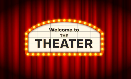 Luminous theater welcome sign retro frame on red curtains realistic vector illustrationのイラスト素材