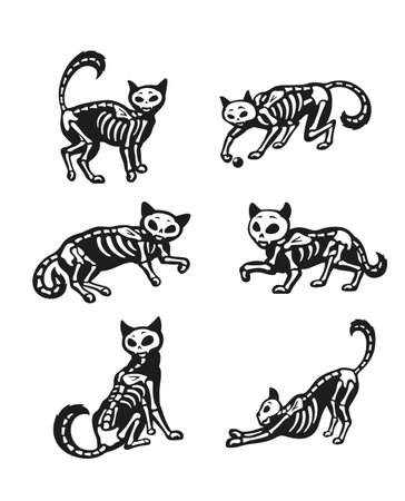 Skeleton black cat Halloween silhouette bone costume set vector flat illustrationのイラスト素材