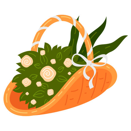Basket of flowers romantic bouquet elegant present floral decorative design isometric vectorのイラスト素材