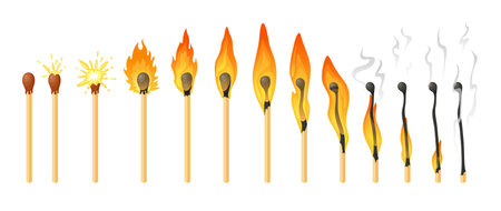 Burn matches stages burned flame matchstick row wood ignition isometric vector illustrationのイラスト素材