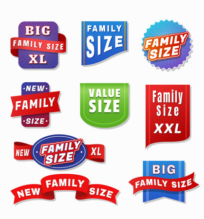 Family size big value new XL badges and corners different shape with ribbon set vector illustrationのイラスト素材