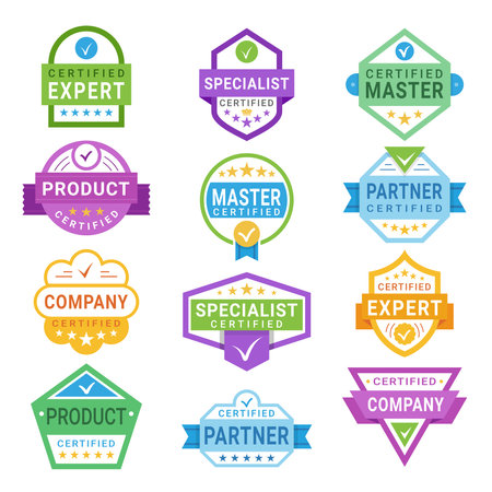 Certified badges product expert specialist partner master company emblem with ribbon set vector flatのイラスト素材