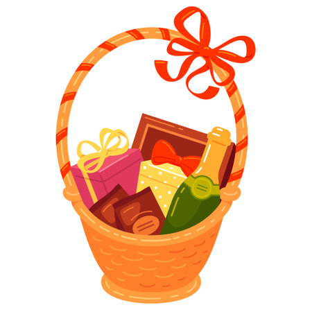 Gift straw basket full of champagne sweet candies wrapped boxes with bow isometric vectorのイラスト素材