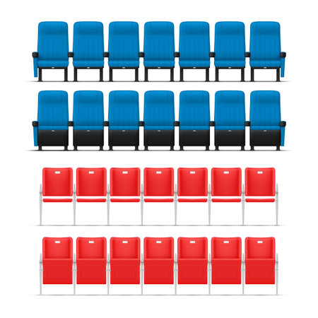 Stadium tribune with open and closed seats arena rows audience chair public competition set realistic vector illustration. Blue and red fan spectator section for seating looking stage game tournamentのイラスト素材