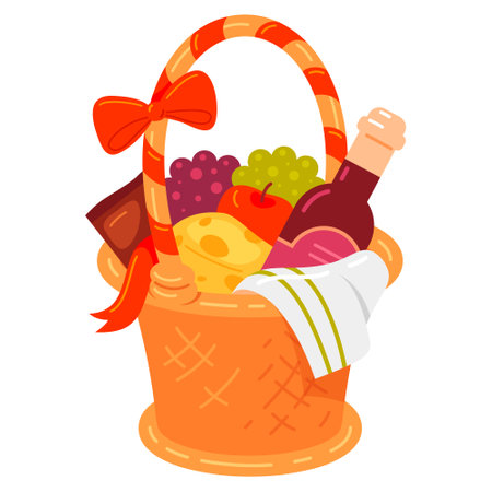 Holiday present straw basket with wine cheese chocolate and fruits vector flat illustration. Birthday grocery gift festive celebration thanksgiving package red bow ribbon full products alcohol drinkのイラスト素材