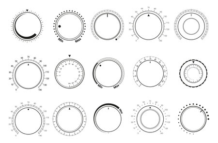 Sound controller interface circle button volume adjustment dial monochrome black line set vectorのイラスト素材