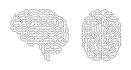 Digital brain side top view artificial intelligence with board circuit black line set vectorのイラスト素材
