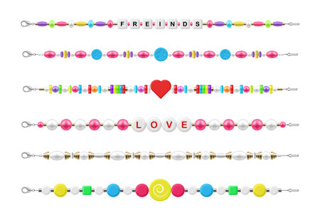 Plastic bead bracelet friendship love funky kids cute accessories set realistic vector illustrationのイラスト素材