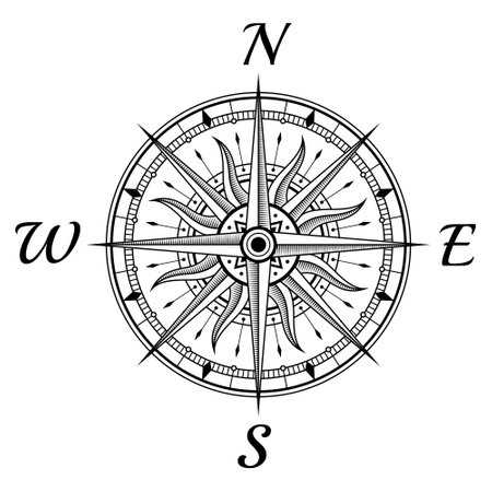 Wind rose compass vintage direction map navigation east west north south monochrome line vectorのイラスト素材