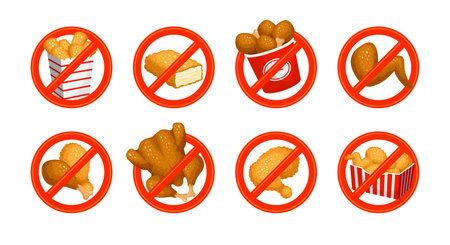 Fast food fried chicken crossed red frame forbidden sign set isometric vector illustrationのイラスト素材