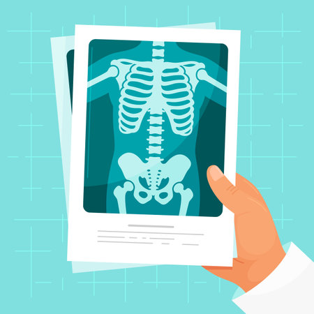 X ray medical roentgen human body skeleton diagnostic image in male doctor hand vector flatのイラスト素材