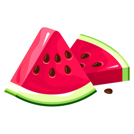 Two triangle pieces of fresh ripe watermelon with peel and seeds isometric vector illustrationのイラスト素材
