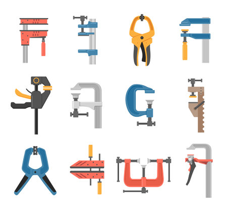 Clamp icon adjustable engineering clip different shape set isometric vector illustrationのイラスト素材