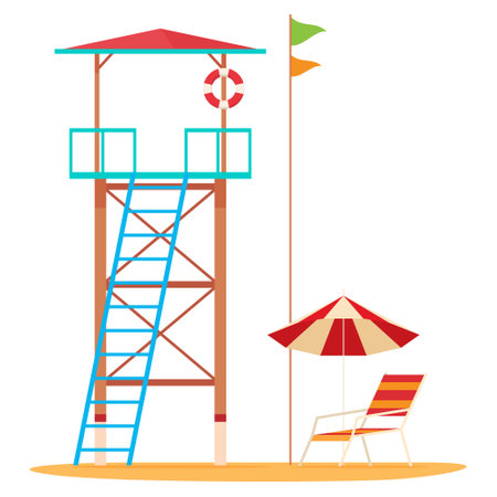 Lifeguard beach tower emergency station lifebuoy chaise longue stairs and umbrella isometric vectorのイラスト素材