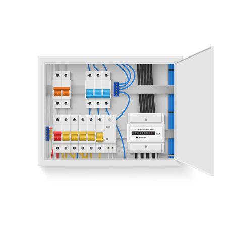 Distribution board electrical panel switch fuse wire automatic circuit breaker realistic vectorのイラスト素材