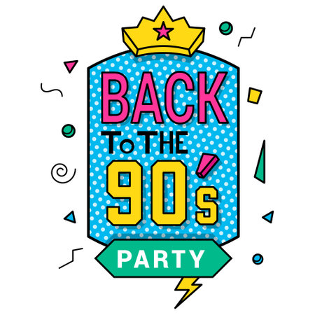 Back to 90s party colorful groovy banner with abstract geometric shapes and crown isometric vectorのイラスト素材